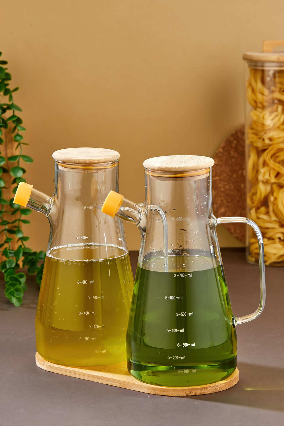 2'li Bambu Kapaklı Altlıklı Borosilikat Cam Yağlık Sirkelik 900 ml