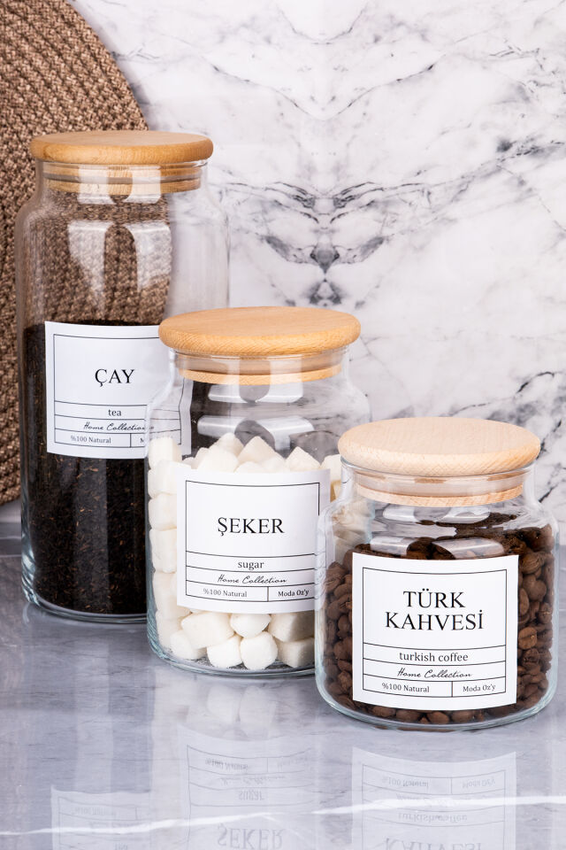 3'lü 1300/800/500 ml Ahşap Kapaklı Çay&Şeker&Türk Kahvesi Kavanozu Vakumlu Saklama Kabı Şeffaf