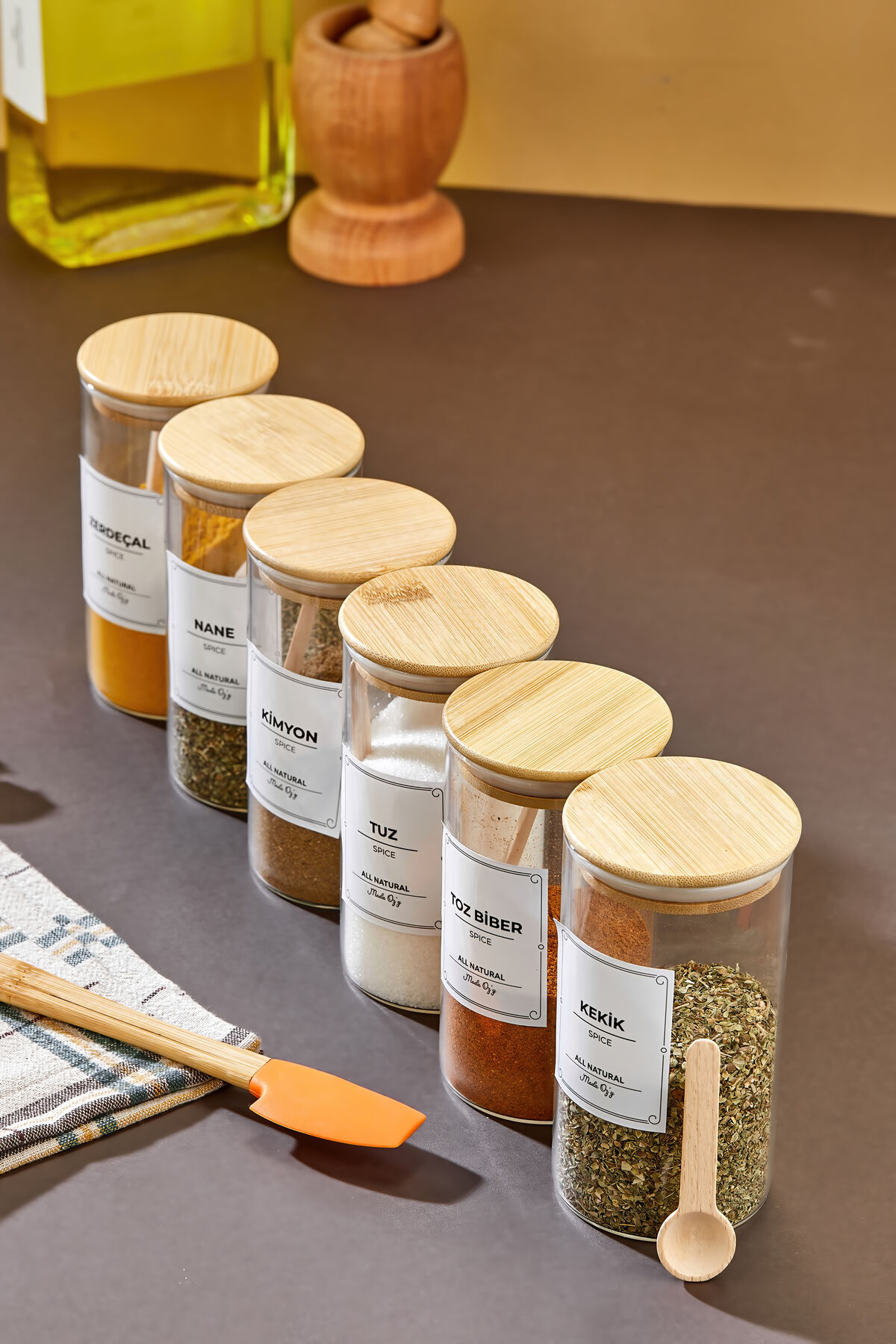 6'lı 300ml Bambu Vakum Kapaklı Kaşıklı Borosilikat Baharat Takımı (Etiket Hediyeli)