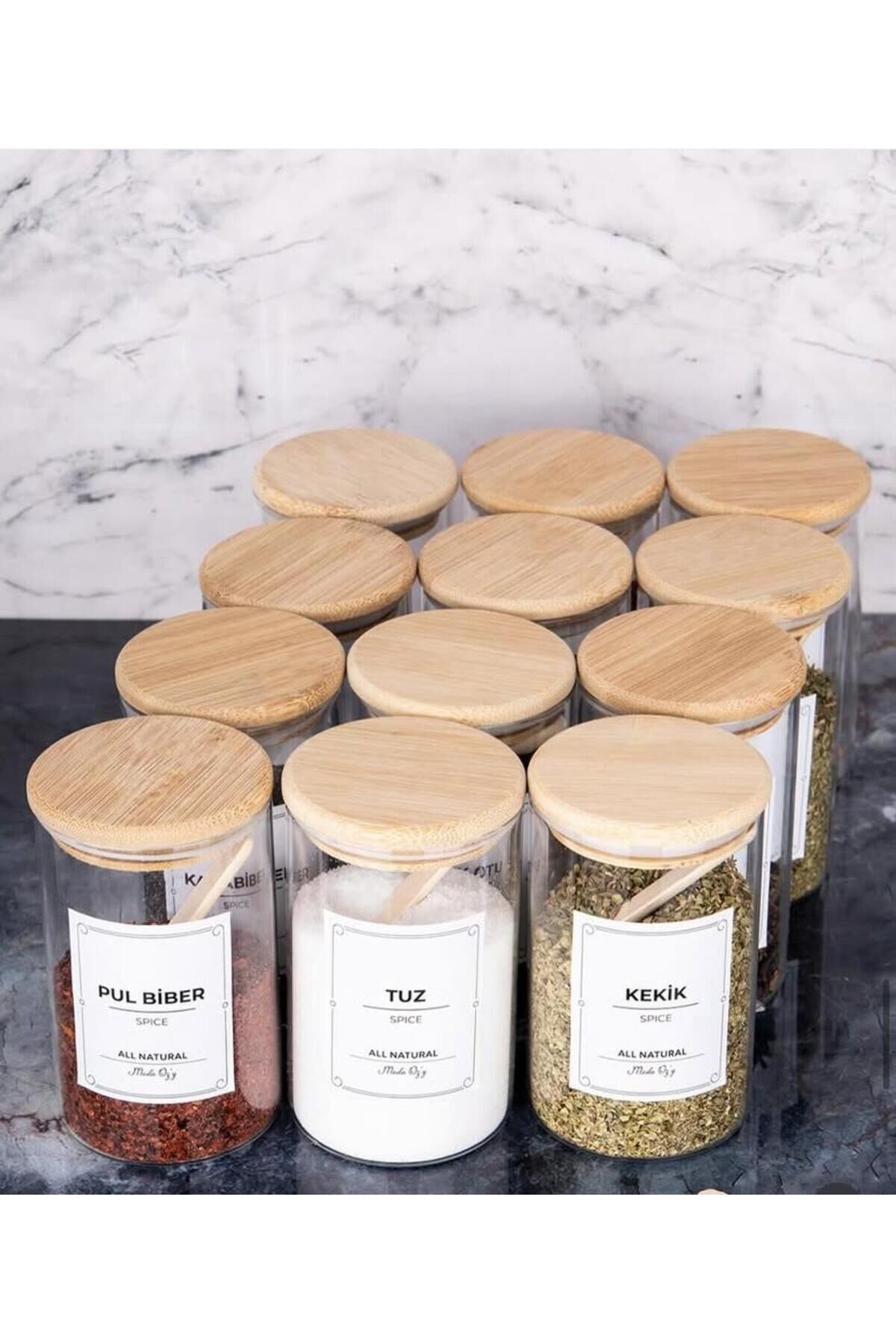 12'li Etiketli 250 ml Bambu Vakum Kapaklı Borosilikat Cam Baharatlık Saklama Kabı Seti(Kaşık Dahil)