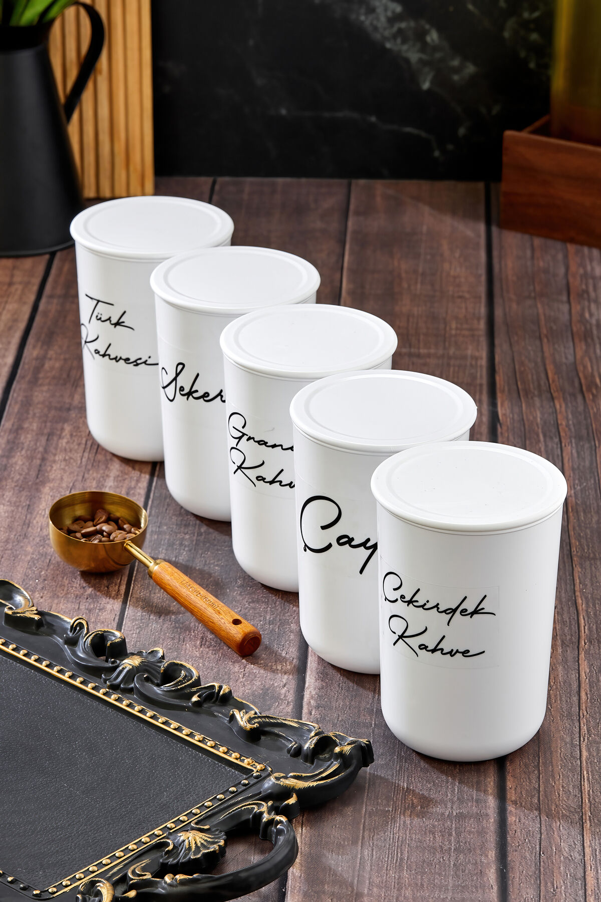 5'li Vakum Kapaklı Etiket Çay-Şeker-Kahve Akrilik (PLASTİK)Kavanoz 900ml Saklama Kabı