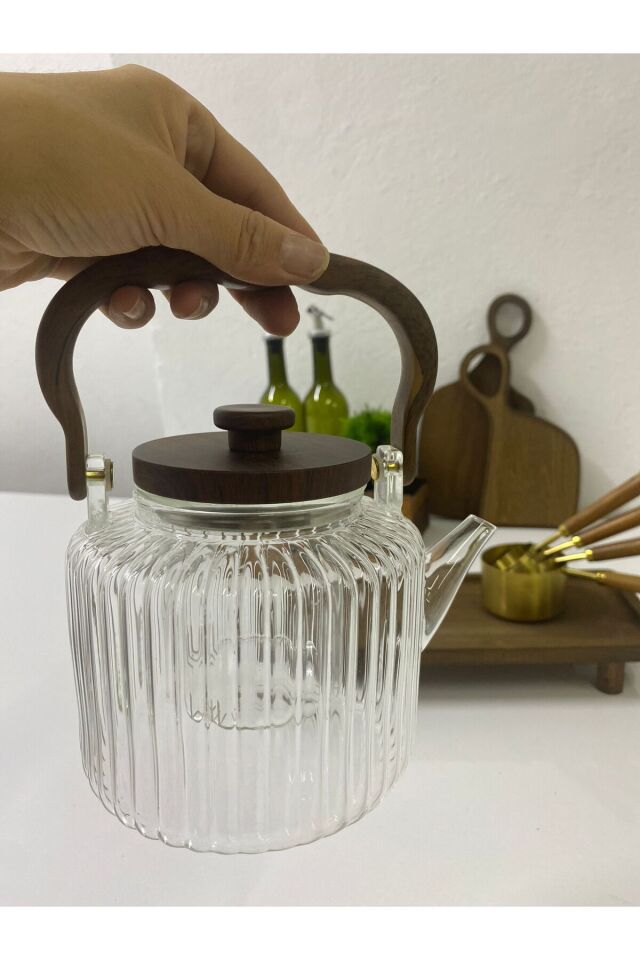 1200ml Isıya Dayanıklı Akasya Saplı Cam Demlik Cam Süzgeçli Akasya Kapaklı (Kapak İç Kısım Çelik)