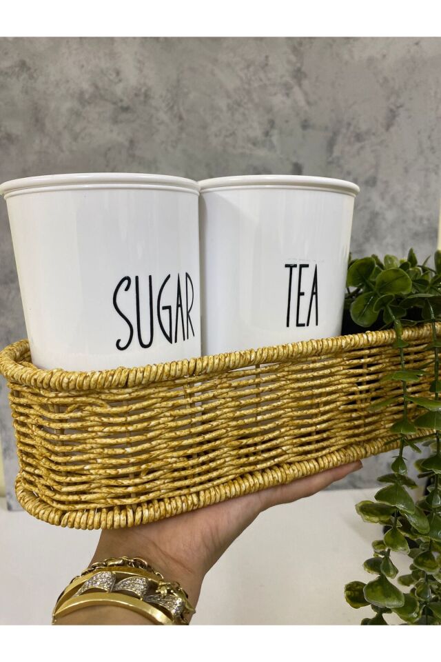 2li Rattan Sepetli Akrilik (PLASTİK) Çay/Şeker Kavanozu Sarkan Çiçek Hediyeli 4lü Set