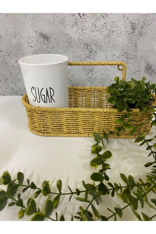 2li Rattan Sepetli Akrilik (PLASTİK) Çay/Şeker Kavanozu Sarkan Çiçek Hediyeli 4lü Set