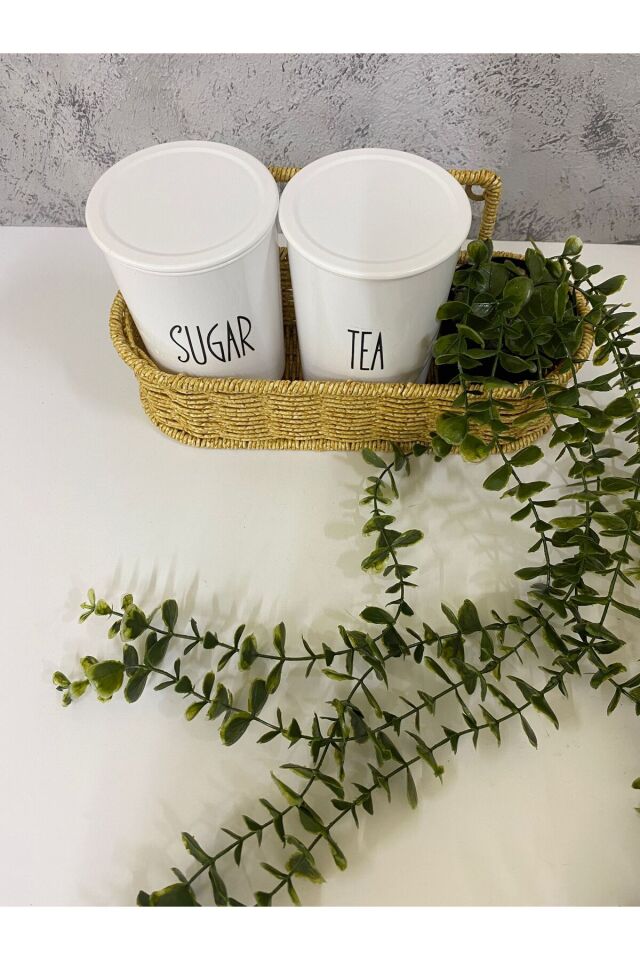 2li Rattan Sepetli Akrilik (PLASTİK) Çay/Şeker Kavanozu Sarkan Çiçek Hediyeli 4lü Set