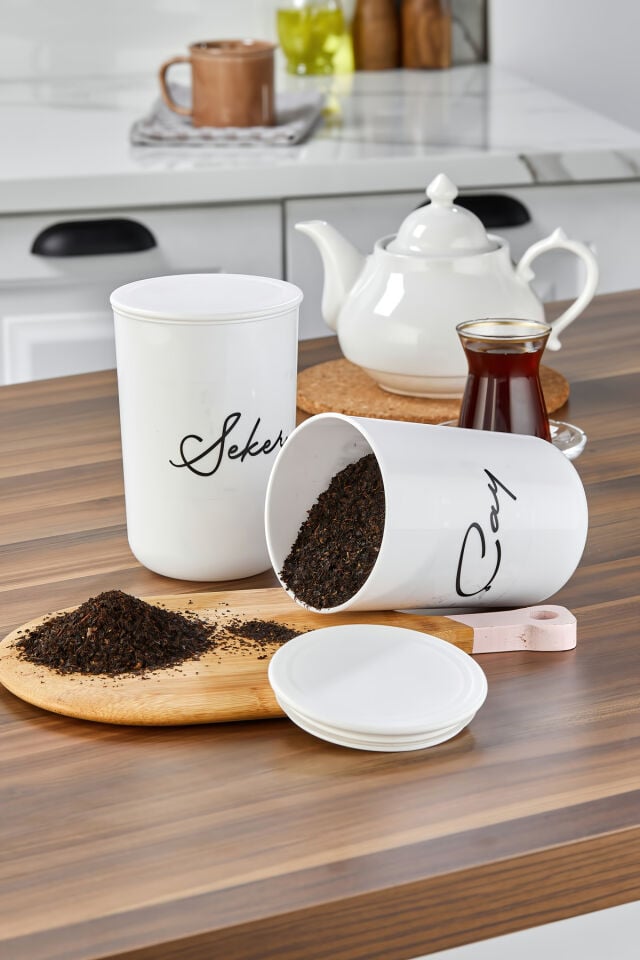 2'lü Akrilik Vakum Kapaklı Transfer Etiketli Çay/Şeker Akrilik (PLASTİK) Kavanoz 900ml