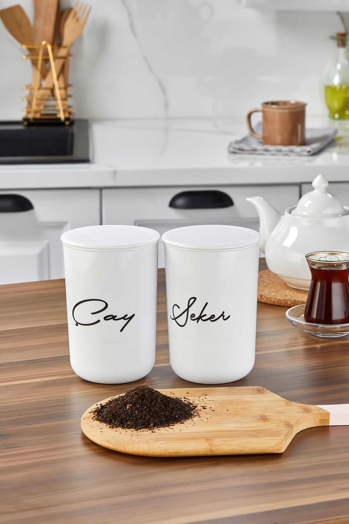 2'lü Akrilik Vakum Kapaklı Transfer Etiketli Çay/Şeker Akrilik (PLASTİK) Kavanoz 900ml