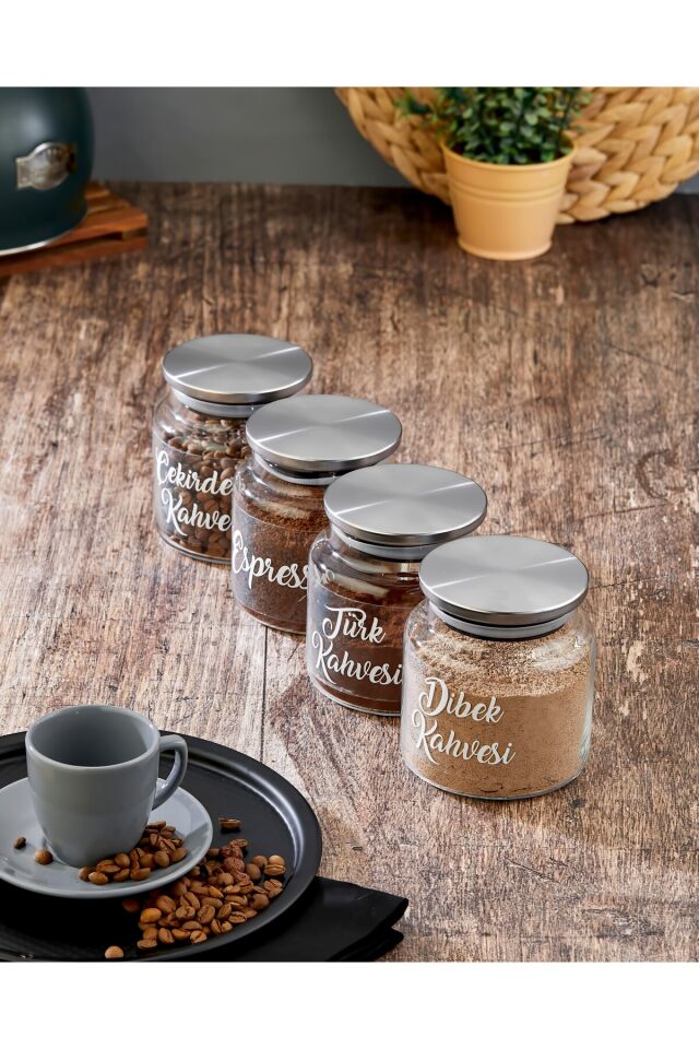 4lü 500ml Metal Kapaklı Kahve/Çay/İçecek Tozu Saklama Kavanozu (21 Adet Şeffaf Etiketli ) Gümüş