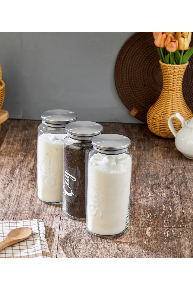 3'lü Metal Kapaklı Vakumlu Çay&Şeker&Tuz&Bakliyat Kavanozu 1300ml Saklama Kabı(etiket dahil) Gümüş