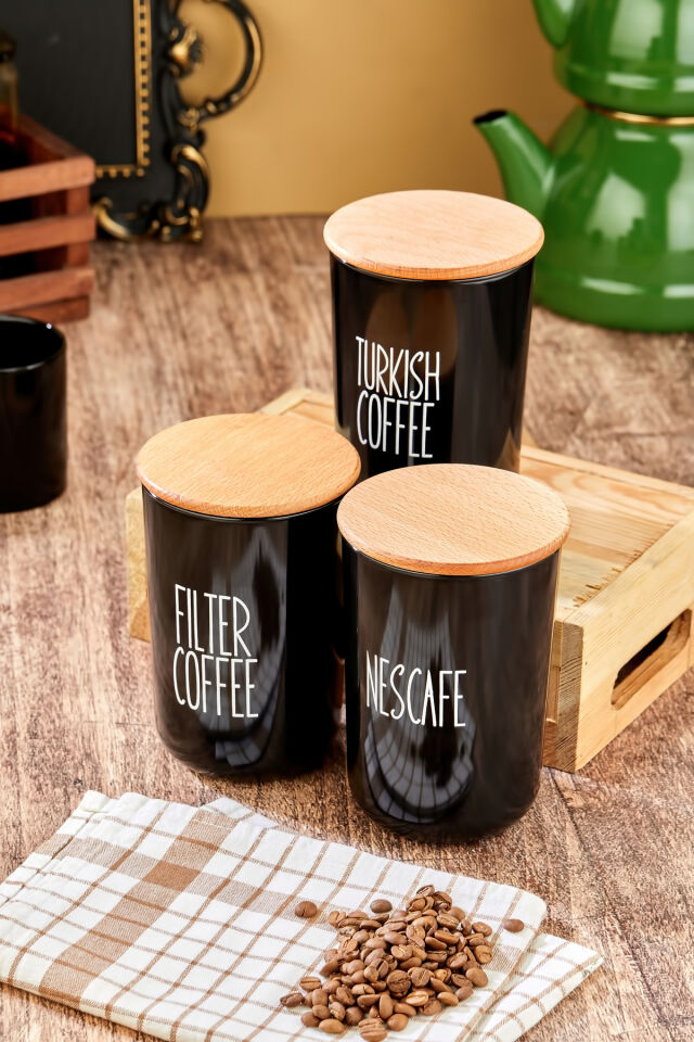 3'lü Ahşap Vakum Kapaklı Transfer Etiketli Turkıshcoffe/Filtercoffe/Nescoffe Plastik Kavanoz 900ml