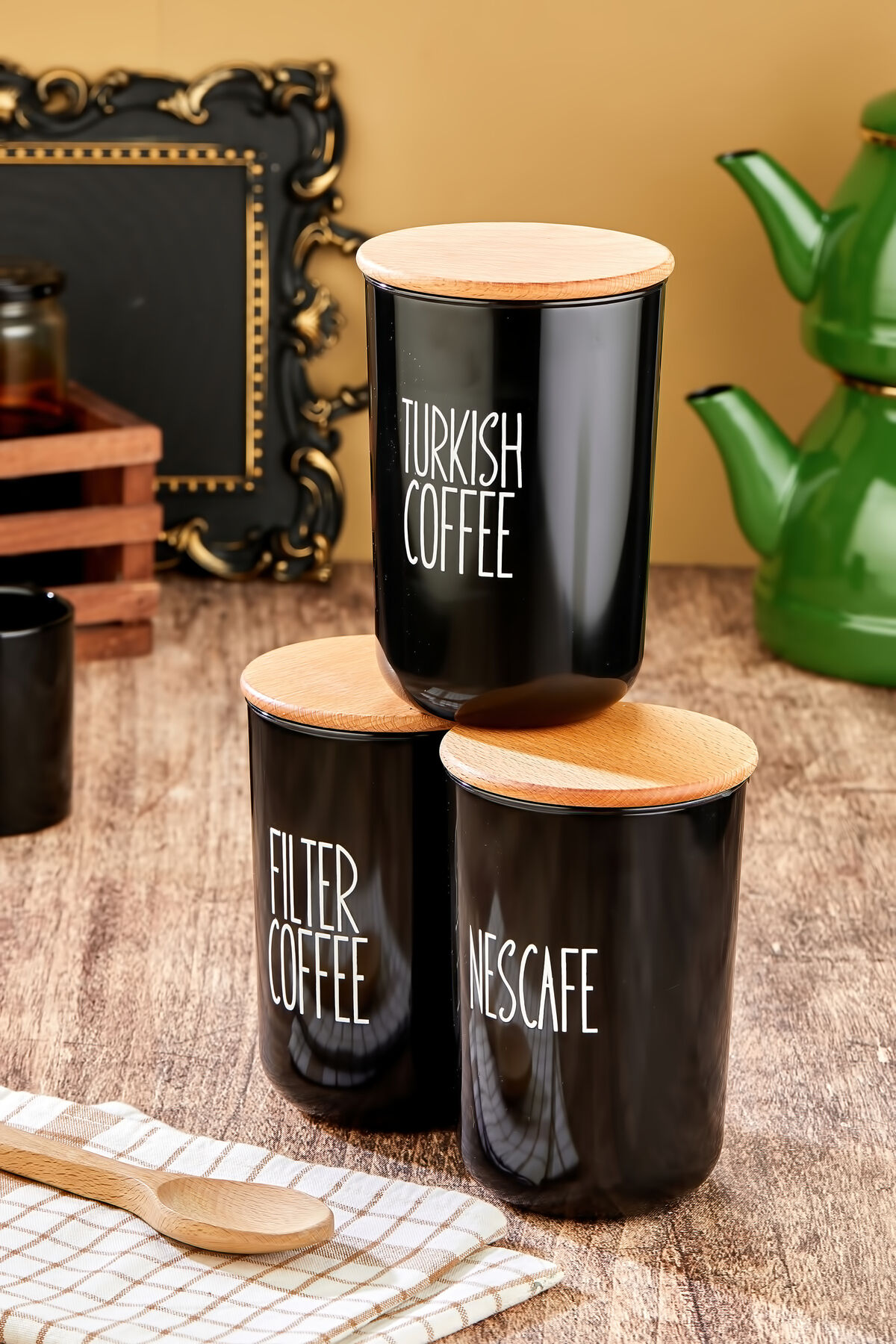 3'lü Ahşap Vakum Kapaklı Transfer Etiketli Turkıshcoffe/Filtercoffe/Nescoffe Plastik Kavanoz 900ml