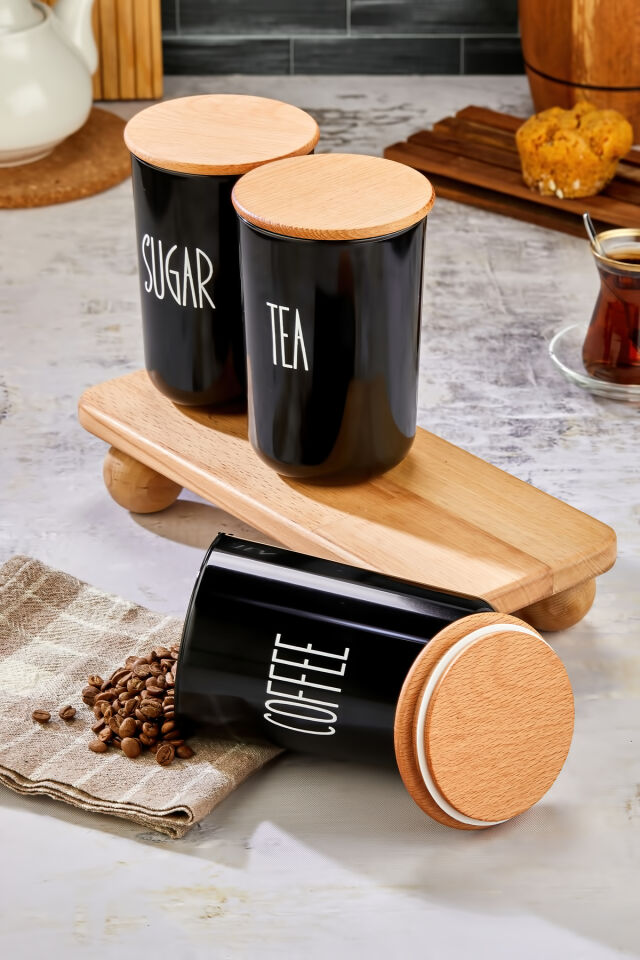 3'lü 900ML Ahşap Kapaklı Akrilik (Plastik) Saklama Kabı Stantlı Kavanoz Seti