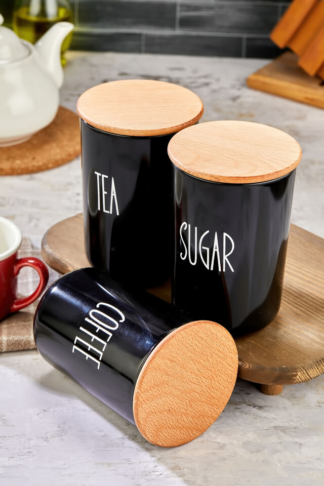 3'lü Ahşap Vakum Kapaklı Transfer Etiketli Akrilik (PLASTİK) Tea/sugar/coffe Kavanoz 900ml