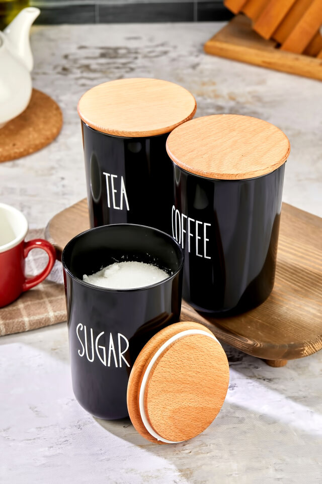 3'lü Ahşap Vakum Kapaklı Transfer Etiketli Akrilik (PLASTİK) Tea/sugar/coffe Kavanoz 900ml