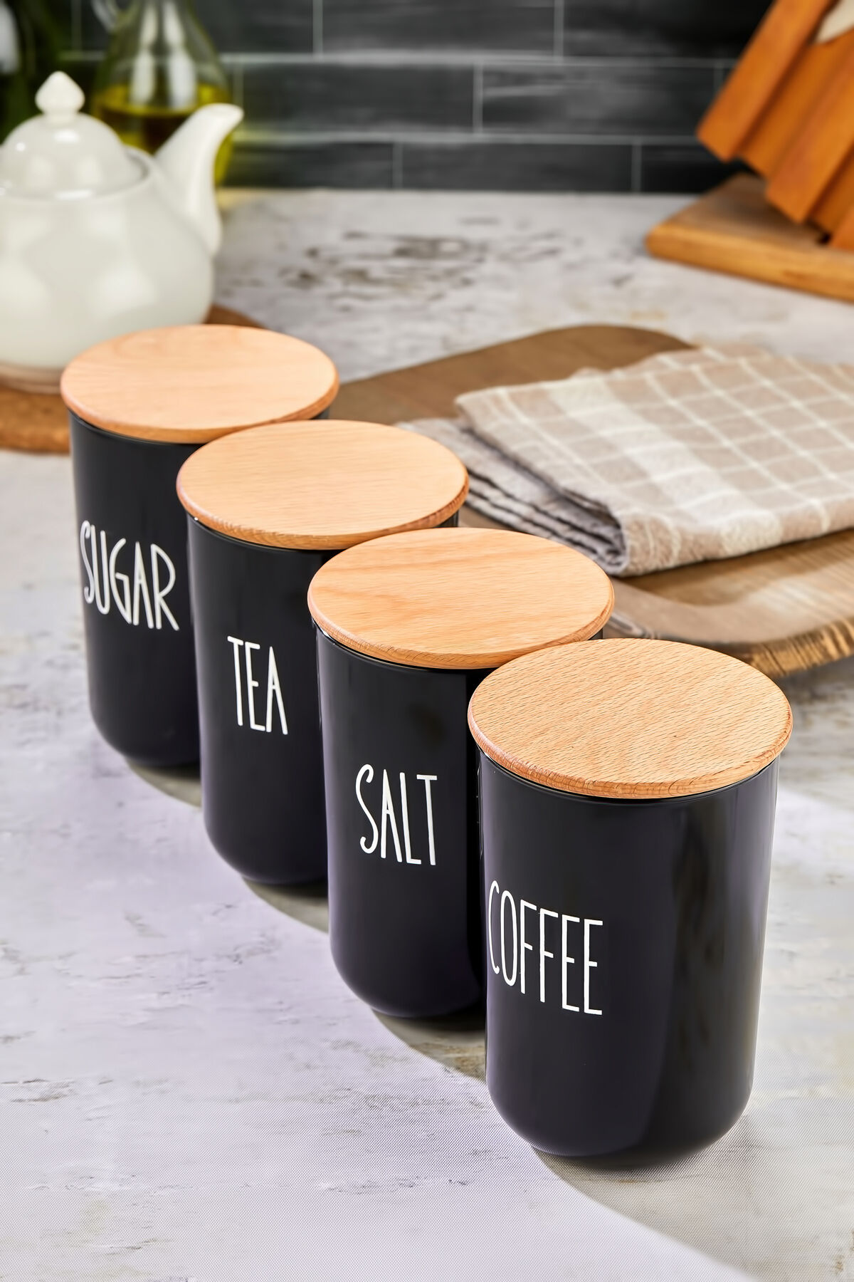 4lü Ahşap Vakum Kapaklı Transfer Etiketli Akrilik (PLASTİK)tea/şugar/coffe/salt Kavanoz 900ml