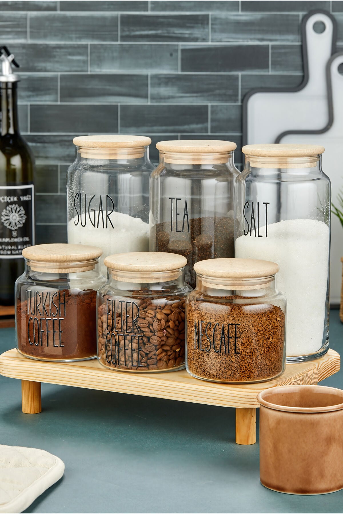 3lü Standlı Ahşap Kapaklı Cam 1300ml Tea/Şugar/Salt Ve 3lü 500ml Kahve Kavanozu (Transfer Etiket)