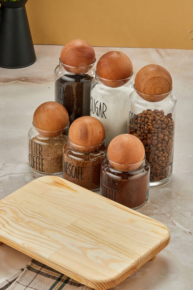 3lü Standlı Top Kapaklı Cam 1300ml Tea/Şugar/Coffe Ve 3lü 500ml Kahve Kavanozu (Transfer Etiket)