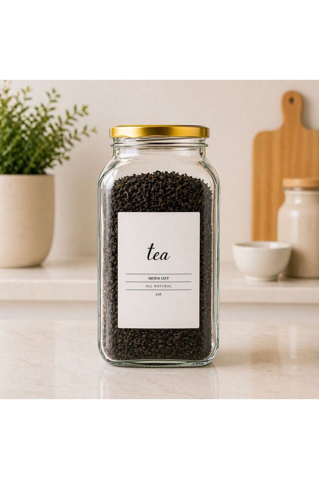 1 Adet 3000 Ml Çay Kavanozu Etiketli Cam Saklama Kabı Çevirmeli Kapaklı Gold