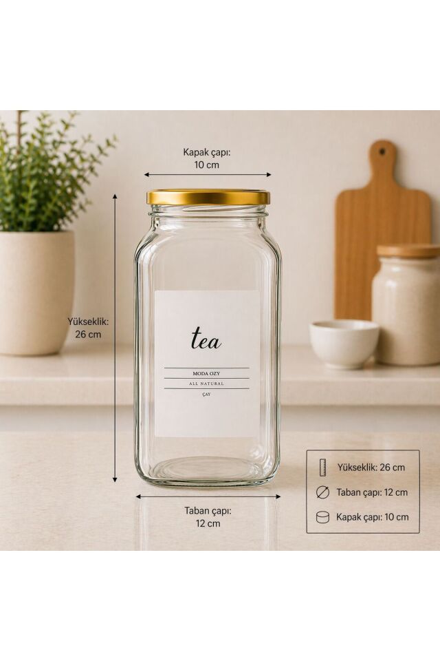 1 Adet 3000 Ml Çay Kavanozu Etiketli Cam Saklama Kabı Çevirmeli Kapaklı Gold