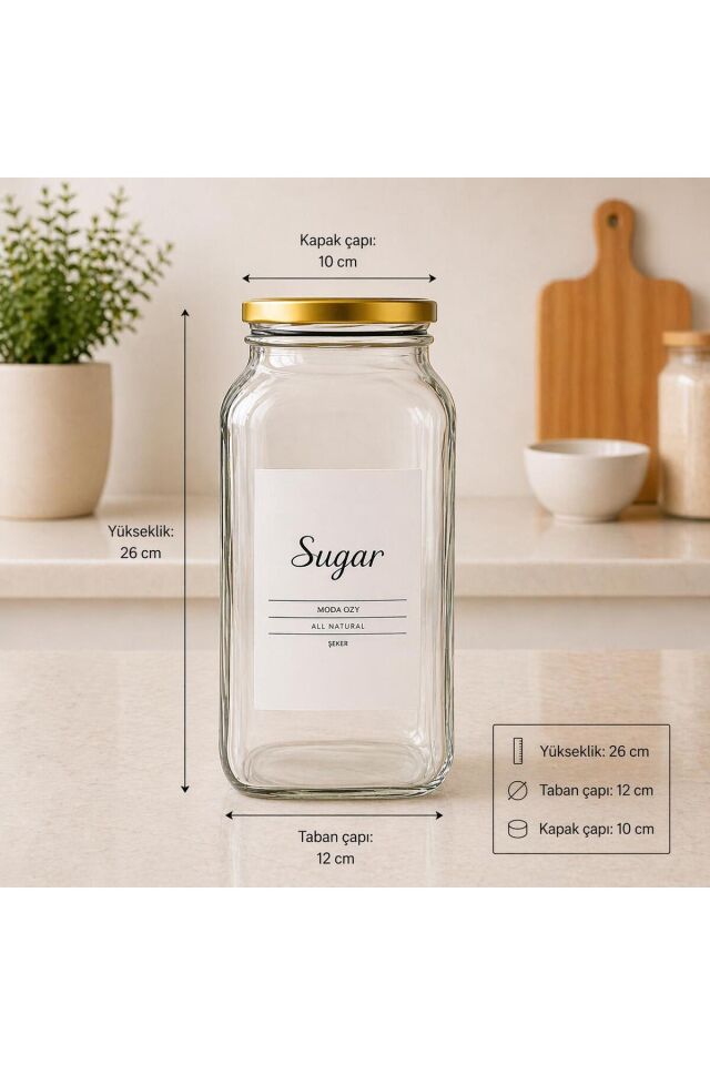 1 Adet 3000 Ml Şeker Kavanozu Etiketli Cam Saklama Kabı Çevirmeli Kapaklı Gold