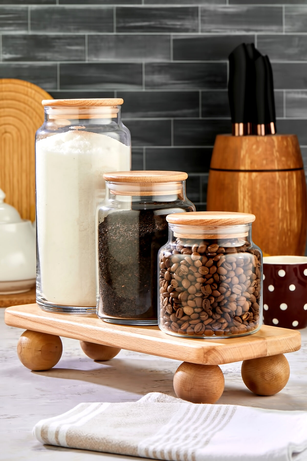 3'lü Ahşap Kapaklı Vakumlu Kavanoz Seti Stantlı Saklama Kabı 1300/800/500ML