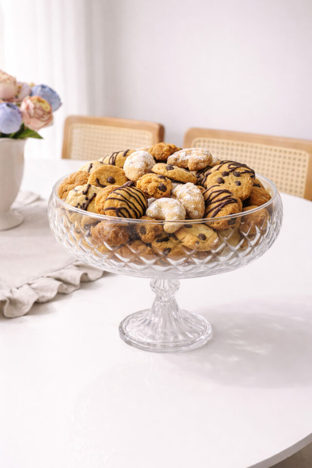 El Yapımı Ayaklı Büyük Boy Cam Salata Meyve Çerez Makarna Sunum Kasesi Şeffaf 23 cm