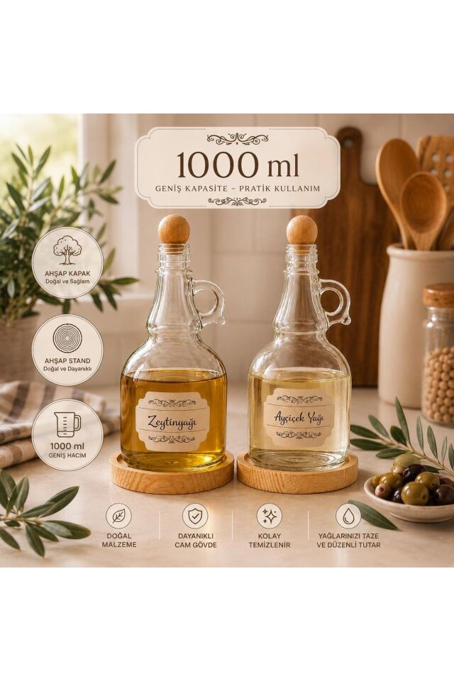 2'li 1000ml Ahşap Stantlı Ahşap Kapaklı Cam Yağlık Seti Ayçiçek/Zeytin Yağı Etiketli Açik