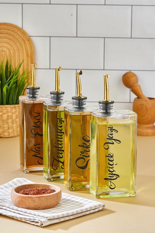 4lü 500 ml Gold Kapak Cam Zeytinyağı /Ayçiçekyağı/Nar Ekşisi /Sirke Transfer Etiketli Yağdanlık