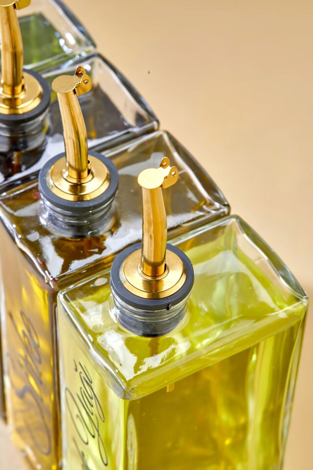 4lü 500 ml Gold Kapak Cam Zeytinyağı /Ayçiçekyağı/Nar Ekşisi /Sirke Transfer Etiketli Yağdanlık