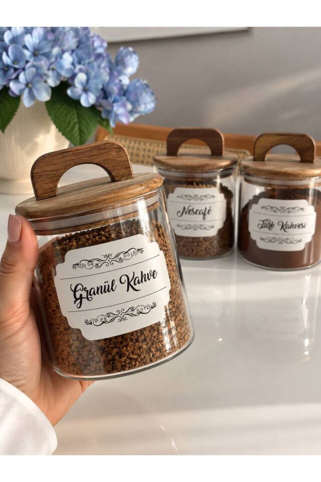 3'lü 550 ml Akasya Kapaklı Vakumlu Kahve Kavanozu (4'lü Etiket Hediyeli) Borosilikat Saklama Kabı Şeffaf