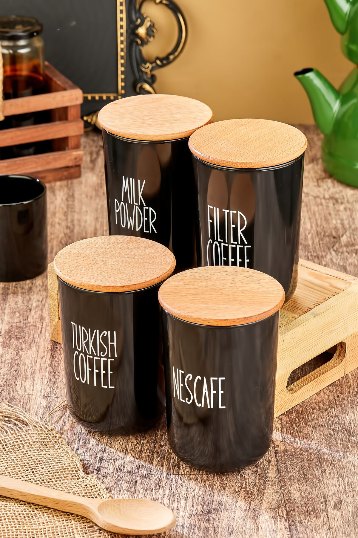 4'lü Ahşap Kapaklı Etiketli Turkısh-Fılter-Nescafe-Milkpowder Akrilik(Plastik) Kavanoz 900ml