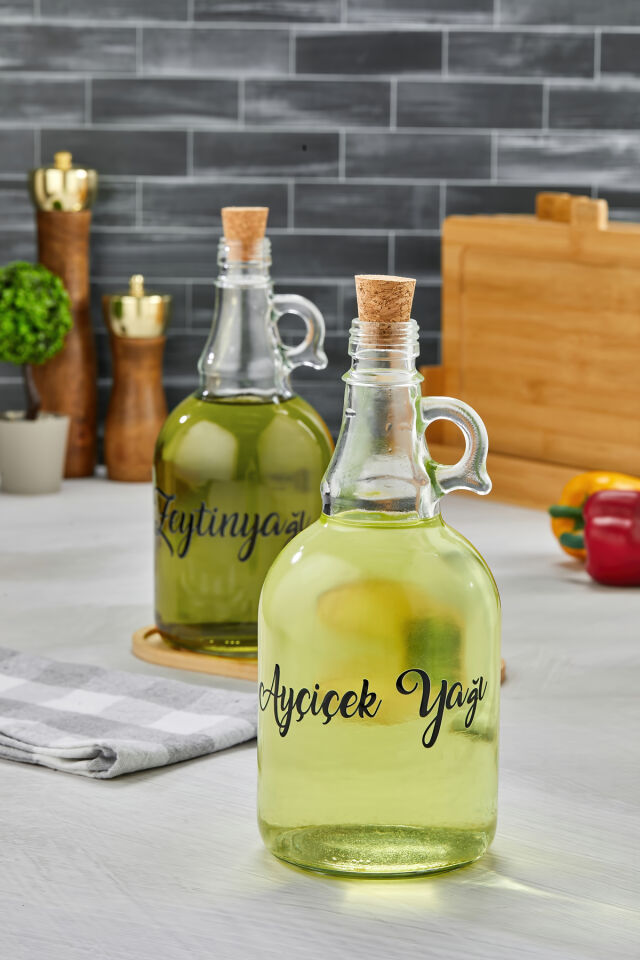 2'li Mantar Tıpalı, Standlı 1000 ml Cam Yağdanlık Ayçiçek Yağı/Zeytin Yağı Şişesi(Transfer Etiketli) Şeffaf