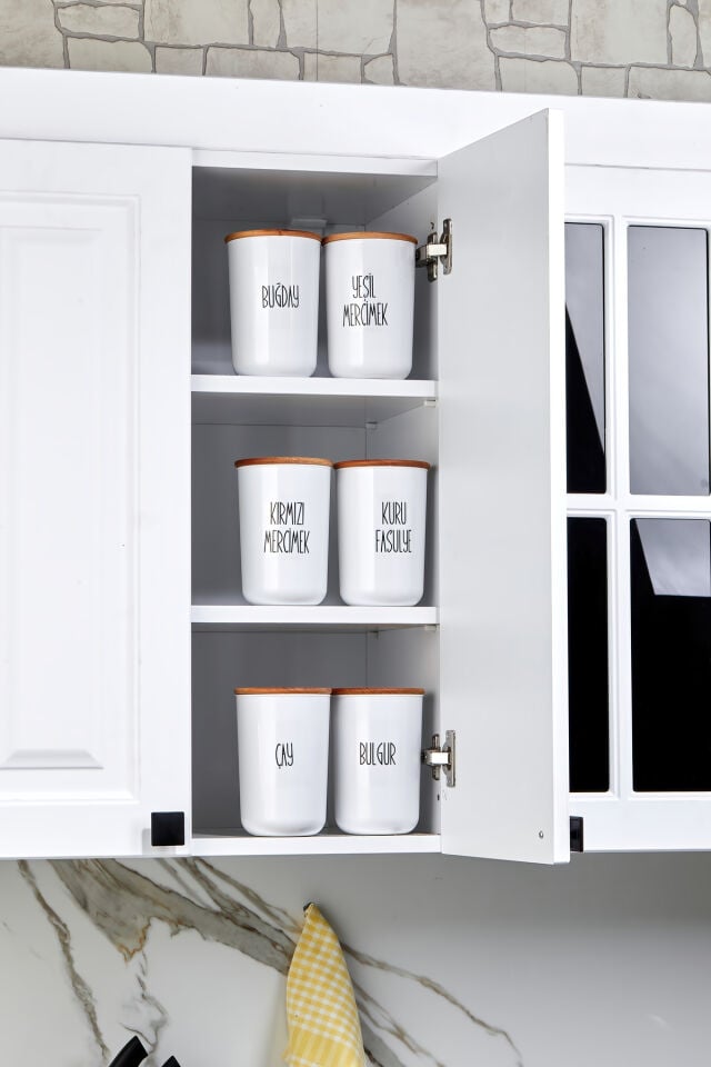 6'lı 900ml Akrilik (PLASTİK) Kavanoz Ahşap Vakum Kapaklı Şeffaf Bakliyat Etiketli Saklama Kabı