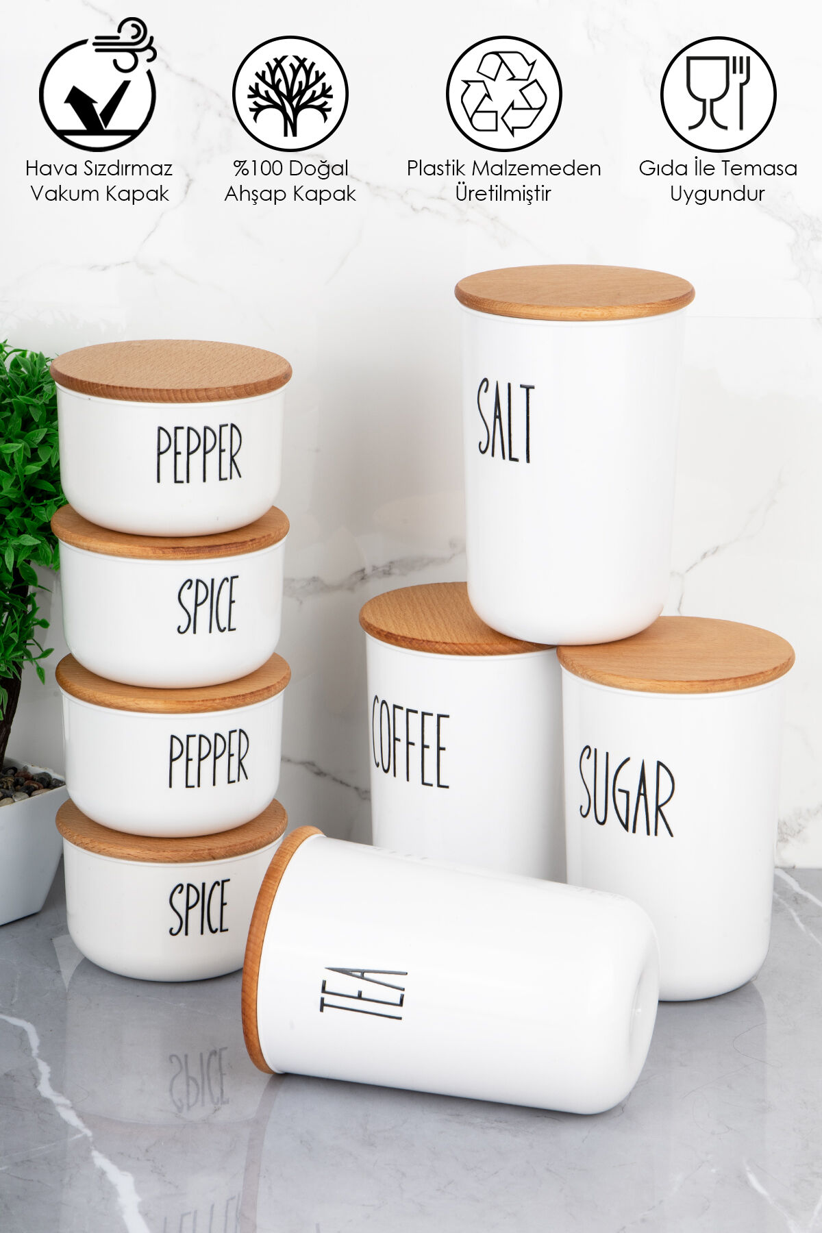 8'li Ahşap Kapaklı Vakumlu Transfer Etiketli Kavanoz Seti 900/400ml Akrilik(PLASTİK) Kavanoz