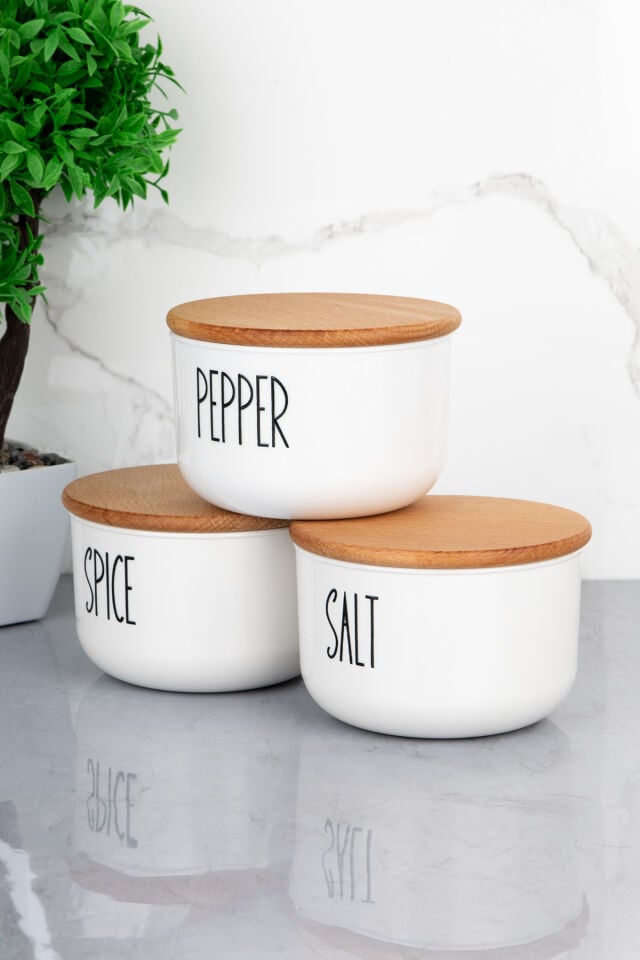 3'lü Ahşap Kapaklı Vakumlu Transfer Etiketli Tuz/biber/baharat Seti 400ml Akrilik (PLASTİK) Kavanoz