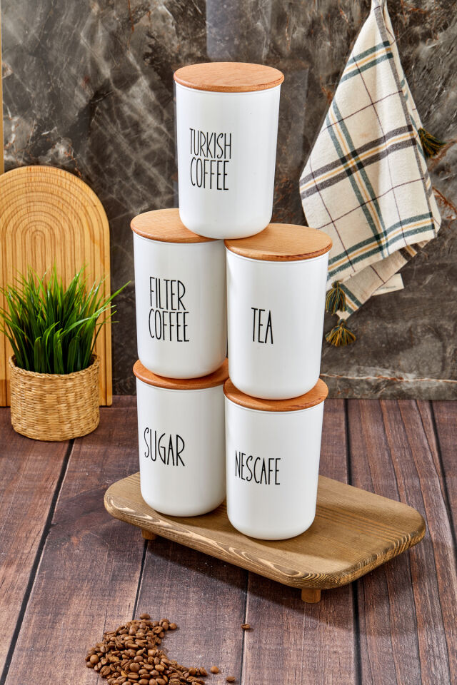 5'li Ahşap Kapaklı Transfer Etiket Coffe/tea/sugar PLASTİK Kavanoz 900ml Saklama Kabı.cam Değildir.