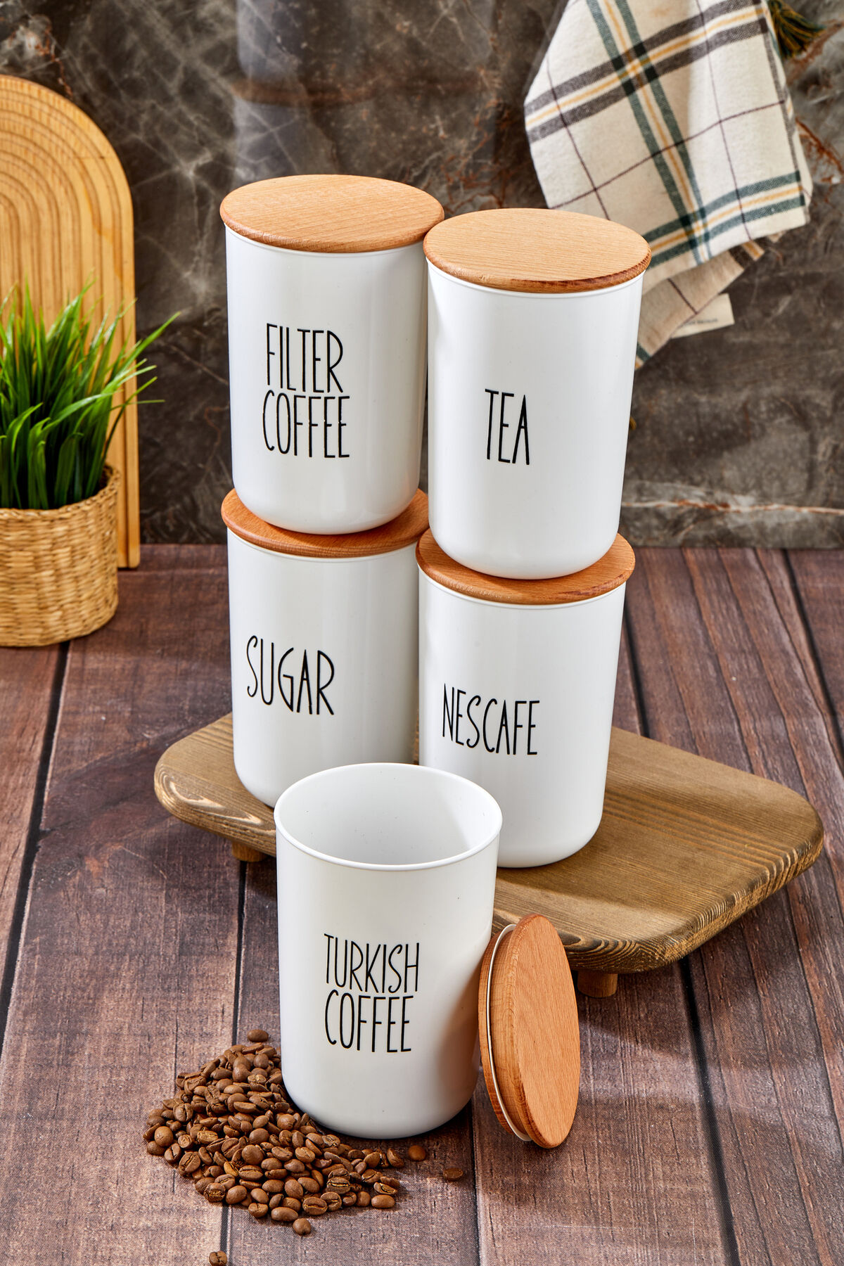 5'li Ahşap Kapaklı Transfer Etiket Coffe/tea/sugar PLASTİK Kavanoz 900ml Saklama Kabı.cam Değildir.