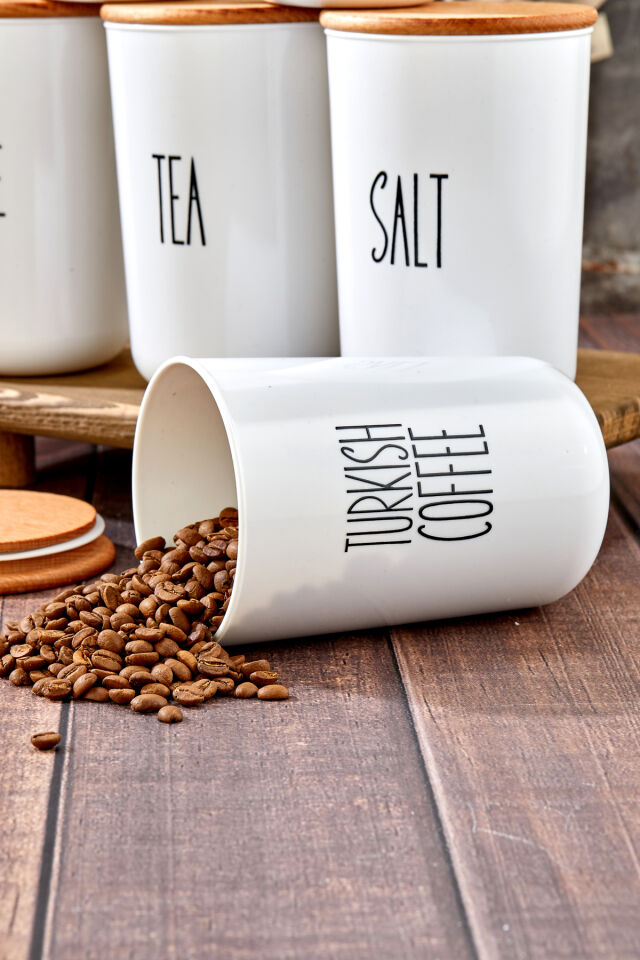 6'lı Ahşap Kapaklı Transfer Etiketli Coffe/tea/sugar PLASTİKKavanoz 900ml Saklama Kabı.