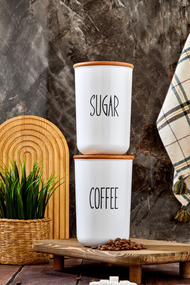 2'lü Ahşap Vakum Kapaklı Transfer Etiketli Coffe/Sugar(PLASTİK)Kavanoz 900ml