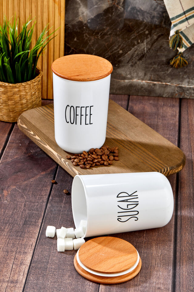 2'lü Ahşap Vakum Kapaklı Transfer Etiketli Coffe/Sugar(PLASTİK)Kavanoz 900ml