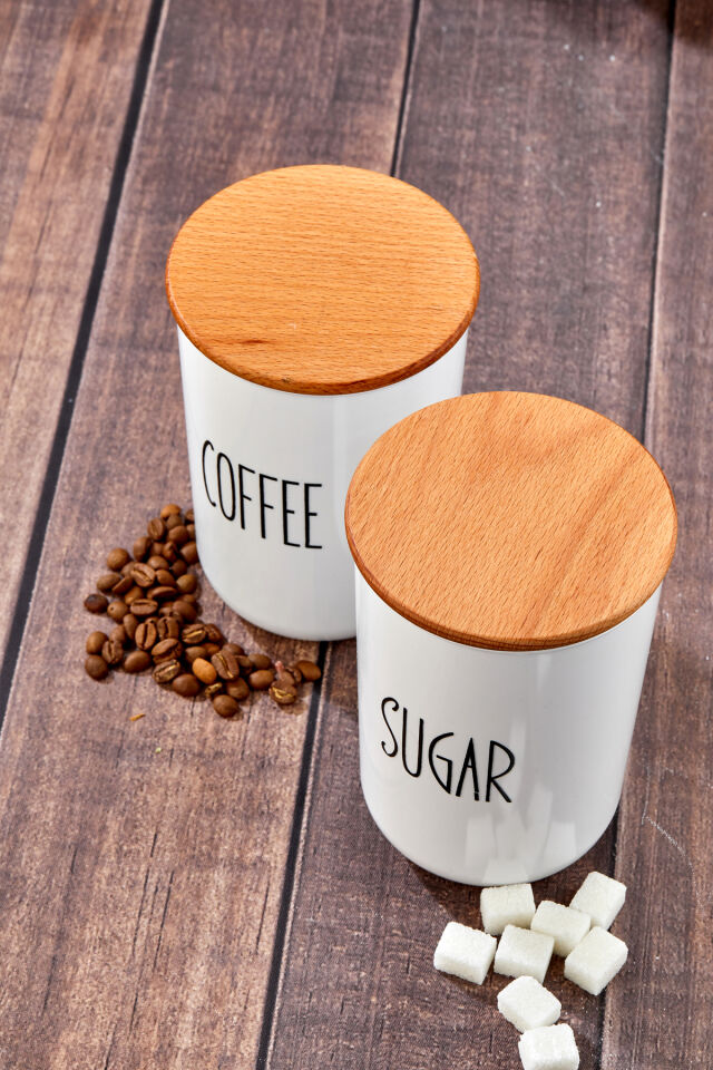 2'lü Ahşap Vakum Kapaklı Transfer Etiketli Coffe/Sugar(PLASTİK)Kavanoz 900ml