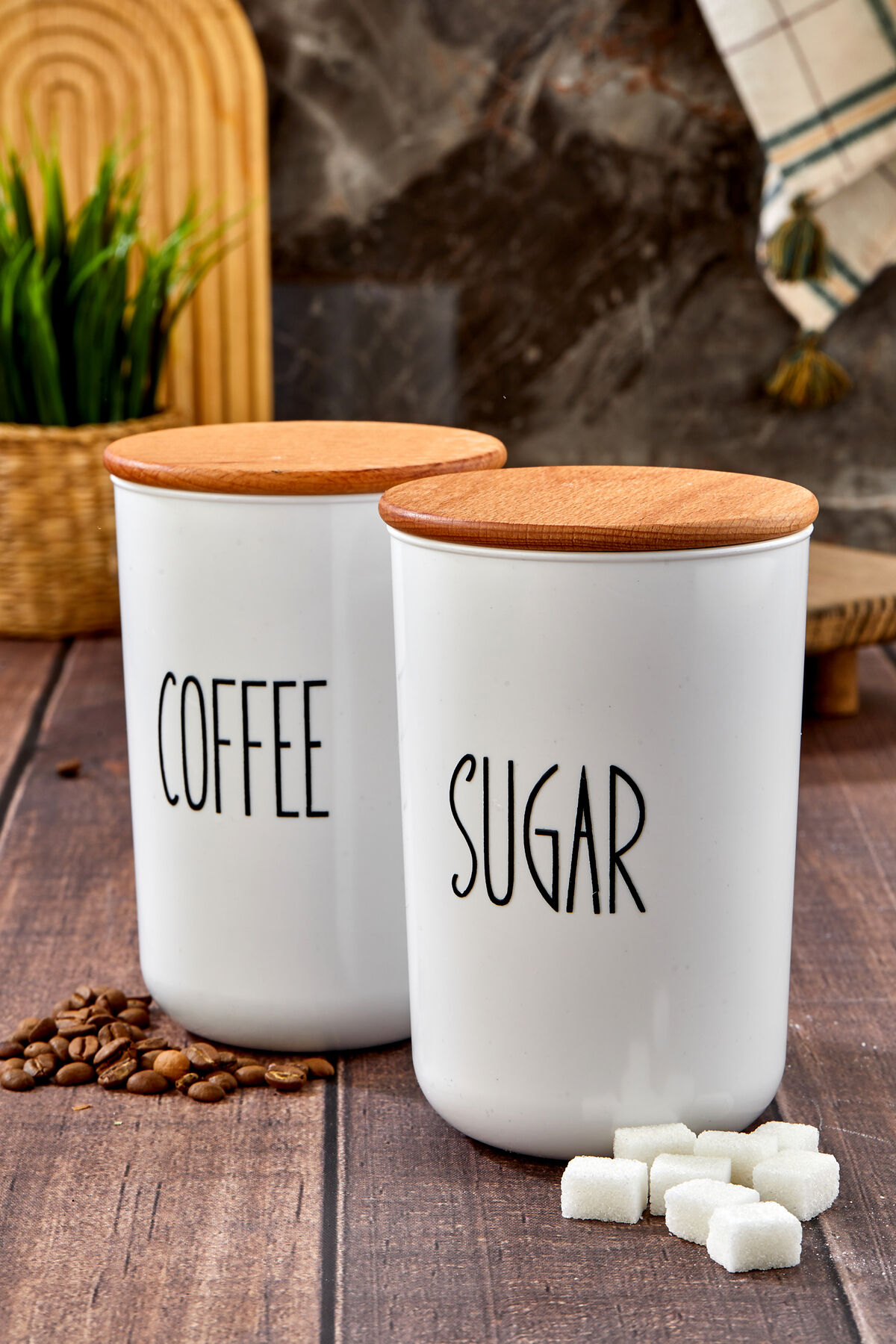 2'lü Ahşap Vakum Kapaklı Transfer Etiketli Coffe/Sugar(PLASTİK)Kavanoz 900ml