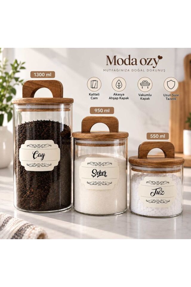 3'lü Akasya Kapaklı Etiketli Cam Kavanoz Seti 1300/950/550 ml Çay- Şeker -Kahve-Tuz Bakliyat Saklama Kabı Kahverengi