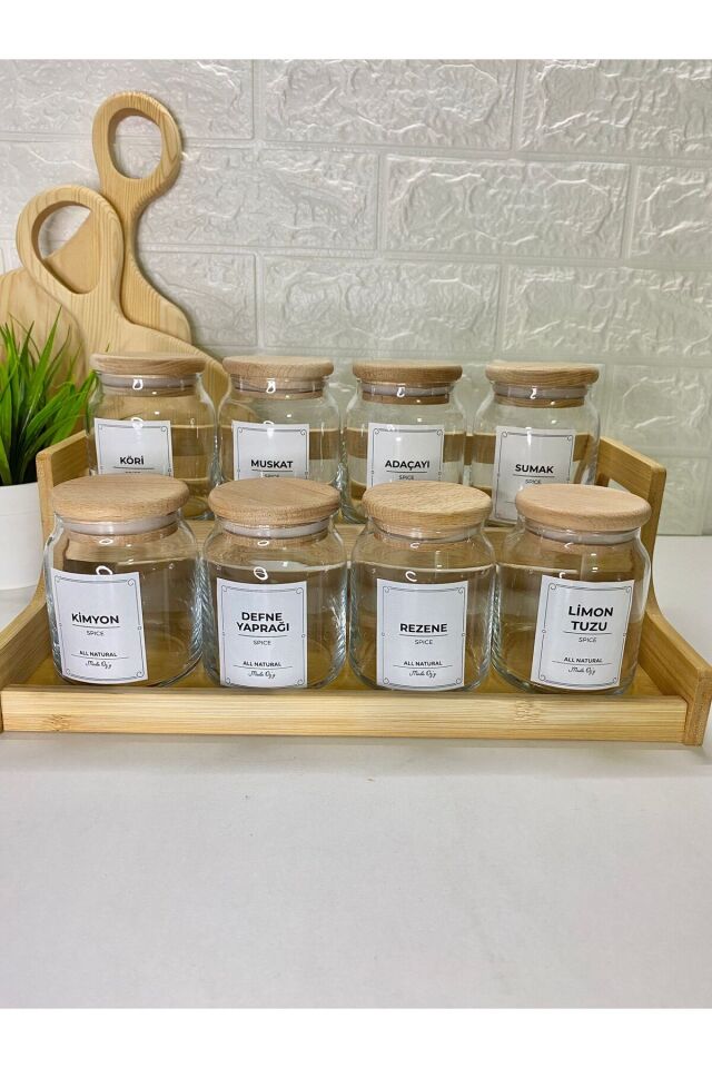 8'li 300ml  Ahşap Kapaklı  Bambu Stantlı  300ml Cam Baharatlık, Etiketli Saklama Kavanozu