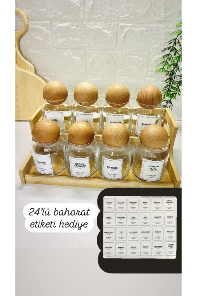 8'li 300ml  Top Kapaklı  Bambu Stantlı  300ml Cam Baharatlık, Etiketli Saklama Kavanozu
