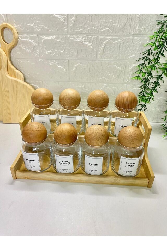 8'li 300ml  Top Kapaklı  Bambu Stantlı  300ml Cam Baharatlık, Etiketli Saklama Kavanozu