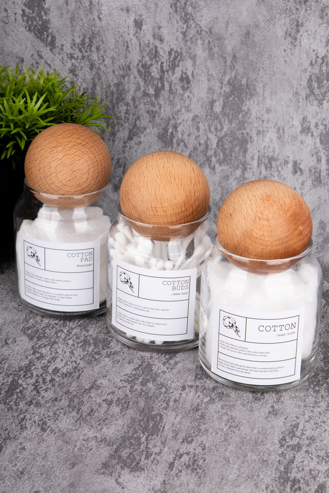 3lü Top Kapaklı 300ml Pamuk/Kulak Pamuğu/Makyaj Pamuğu Etiketli Cam Kavanoz Banyo Düzenleyici Şeffaf