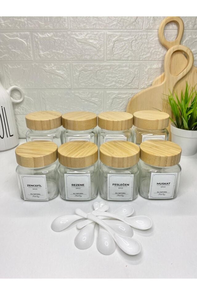 8'li Bambu Kapaklı Baharat Seti Kaşıklı Etiketli Baharatlık (300ml/500ml )