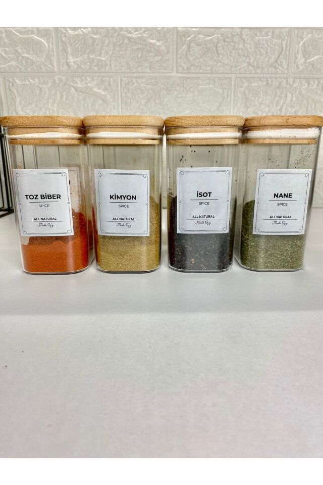 12'li Etiketlli 300 ml Ahşap Kapaklı Akrilik Mika Baharatlık Saklama Kabı - Vakumlu Sızdırmaz