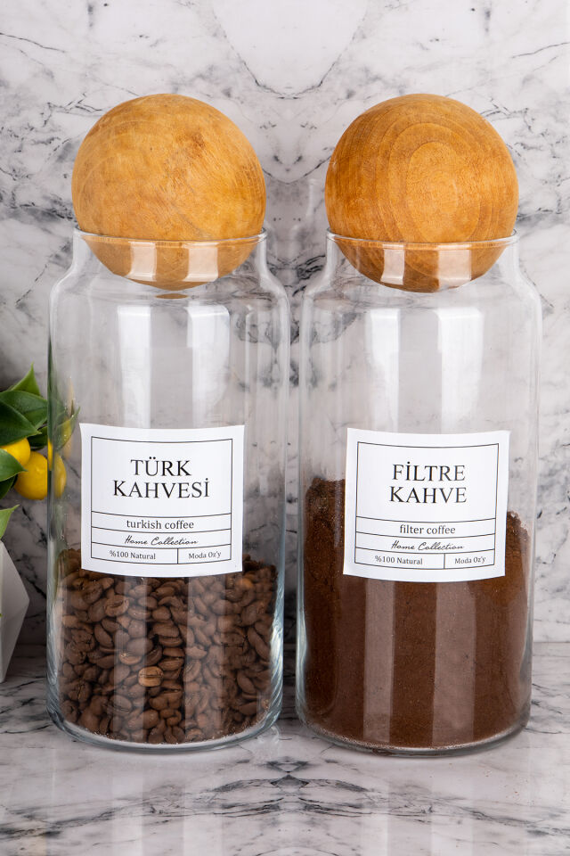 2li Top Kapaklı Vakumlu 1300ml Filtre Kahve & Türk Kahvesi Kavanozu Saklama Kabı (Etiket Dahildir) Şeffaf